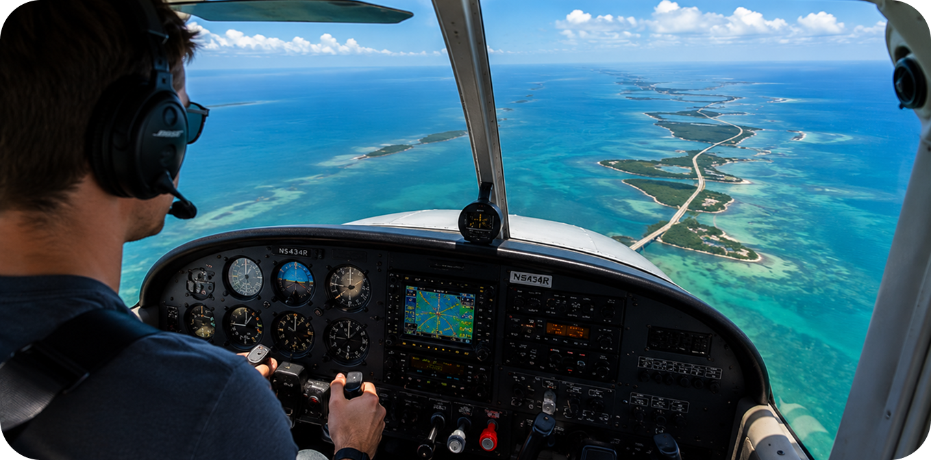 Small aircraft flying above turquoise Florida Keys water